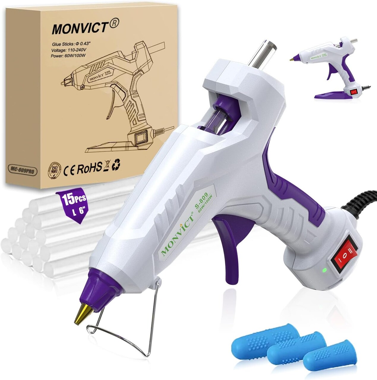 Full Size Hot Glue Gun with 60/100W and On/Off Switch, Dual Temp Heavy Duty Industrial Hot Melt Glue Gun with 15 Hot Glue Sticks (7/16") and 3 Finger Protectors for Craft, DIY and Repairs Visit the MONVICT Store